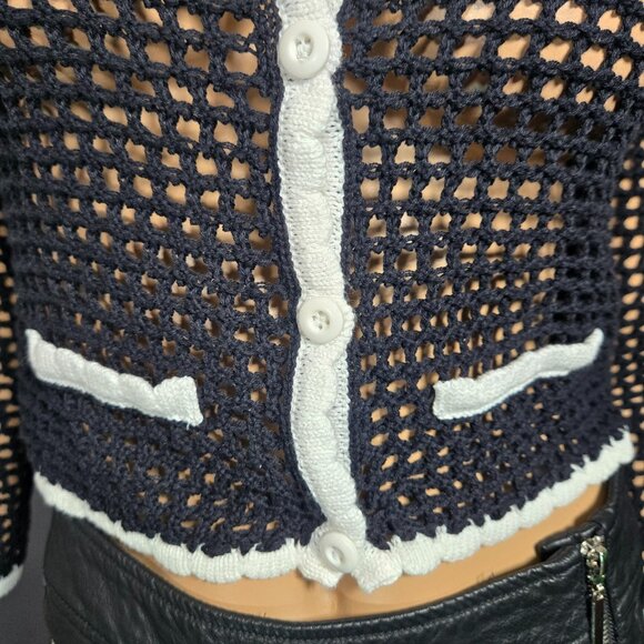 Y2K Black Crochet Fitted Cardigan White Trim Size S Retro Mod Dark Coquette - Picture 4 of 11